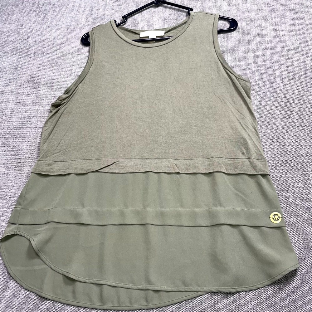 Michael Kors Layered Tank Top Womens Large Olive Green Viscose Stretch Gold Logo